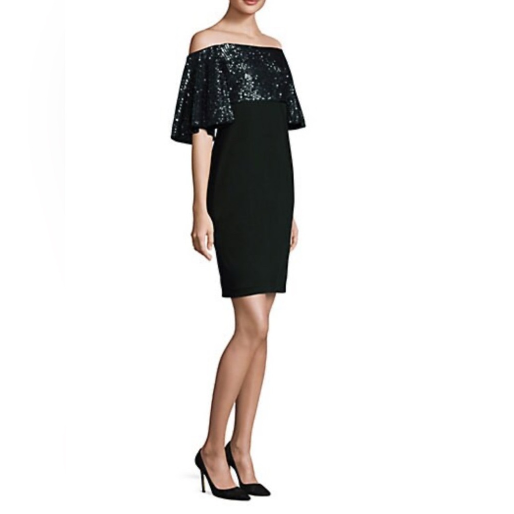 Aidan Mattox Size 0 Off-Shoulder Metallic Sequined Cocktail Mini Black Dress